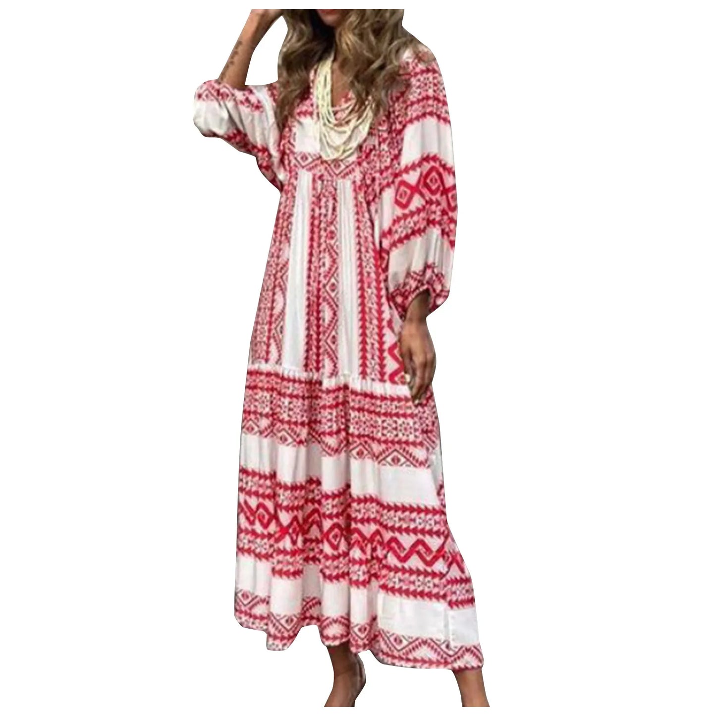Women's Summer Casual Fashion Geometric Print Neckline Lace-up Bubble Middle-sleeves Ruffle Stitching Big Swing Long Losse Dress