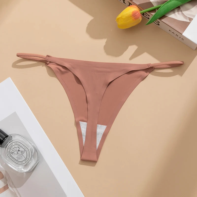 Women's Sexy Lightweight Ice Silk Seamless Knit Thong with Thin Straps - No Show Panty Underwear Lingerie Intimate Apparel