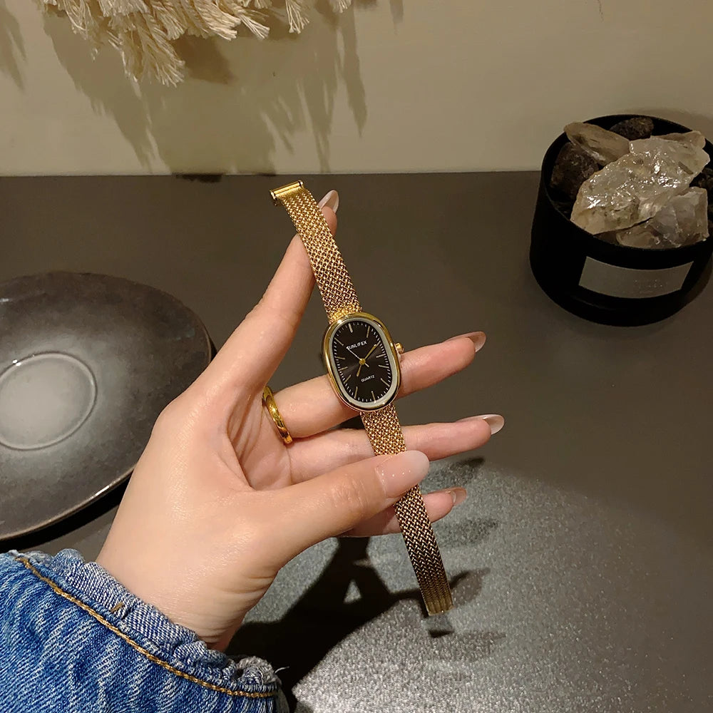 女性用ゴールド腕時計 ヴィンテージブレスレット腕時計 高級小型レディースオーバルクォーツ腕時計
