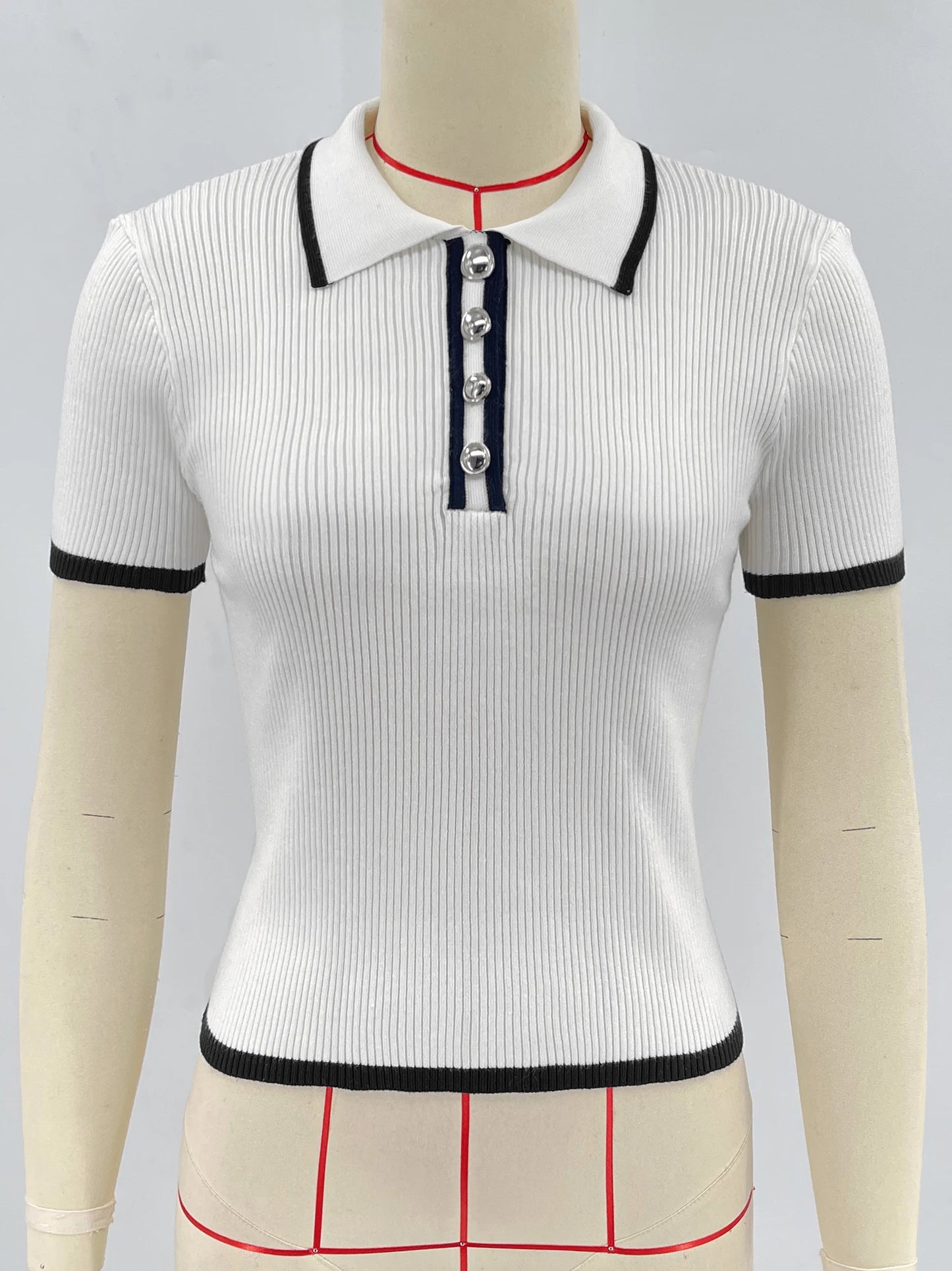Knit Sweater Pullover Women Short Sleeve Patchwork Slim Lapel Elegant Contrast Knitwear Top Female Skinny Ribbed Pullover