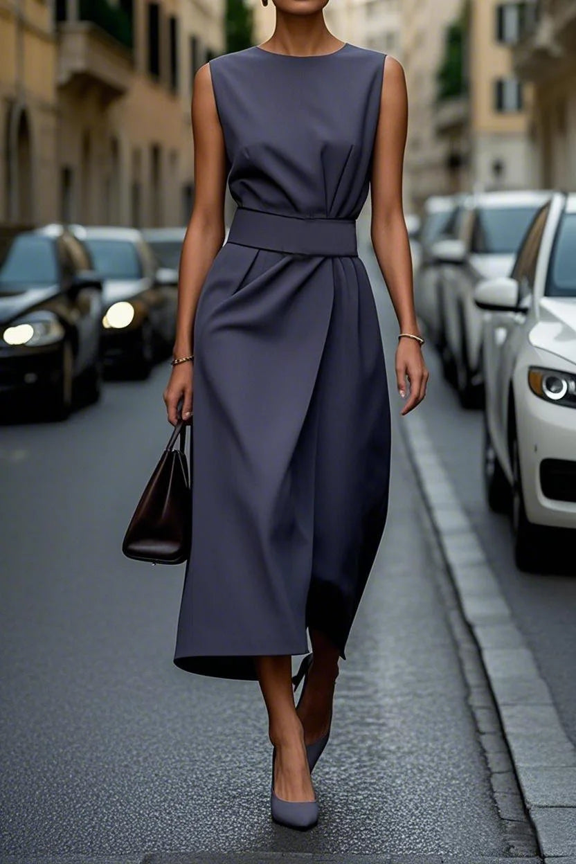 Causal High Waist Slim Maxi Dress Elegant O-neck Sleeveless Draped Long Dress Office Fashion Commuting Solid Party Dresses Women