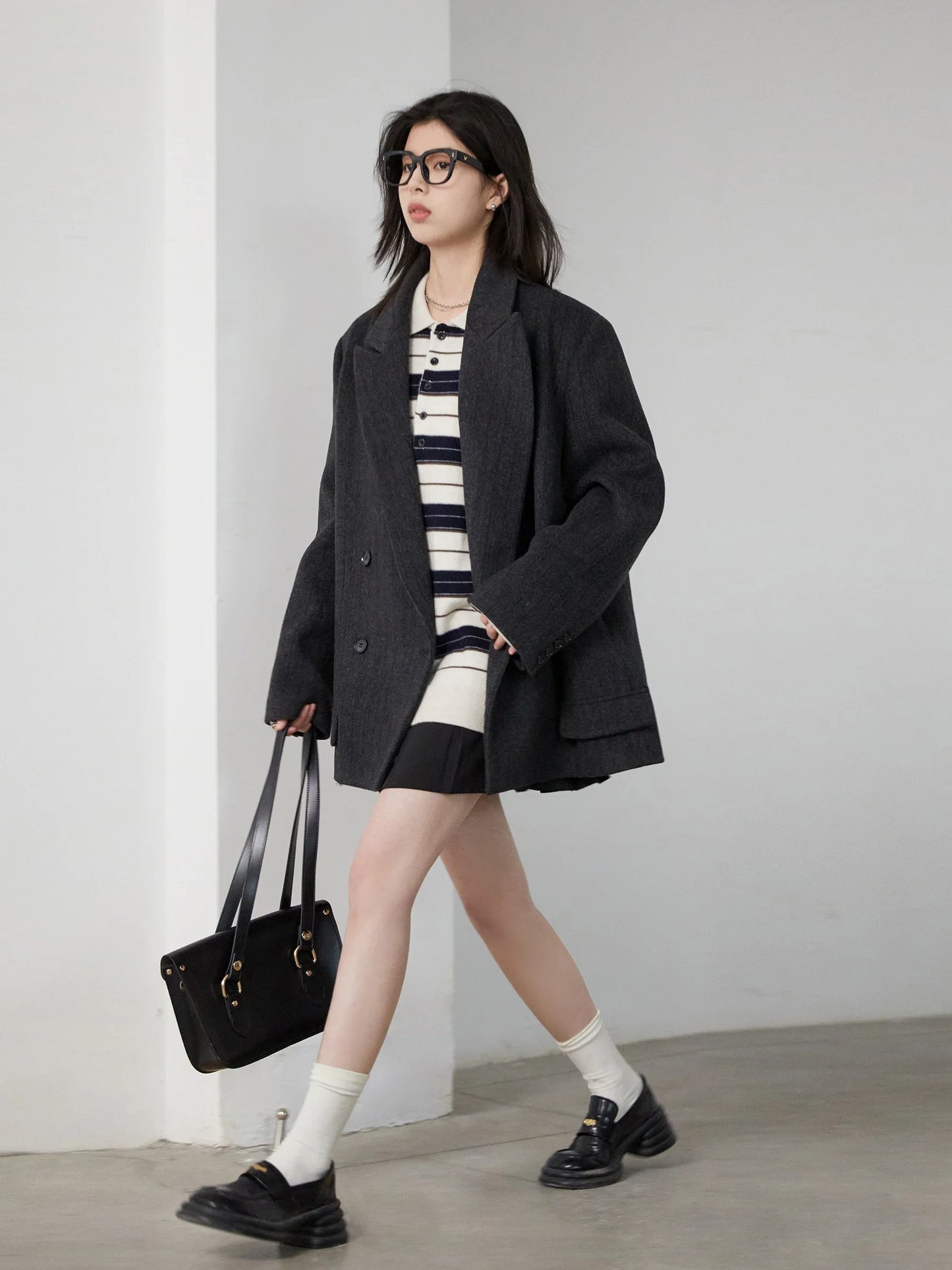 CHIC VEN Women Woolen Blazer Loose Vintage V Neck Female Jacket Suit Double Breasted Office Ladies Coat Spring Autumn 2025