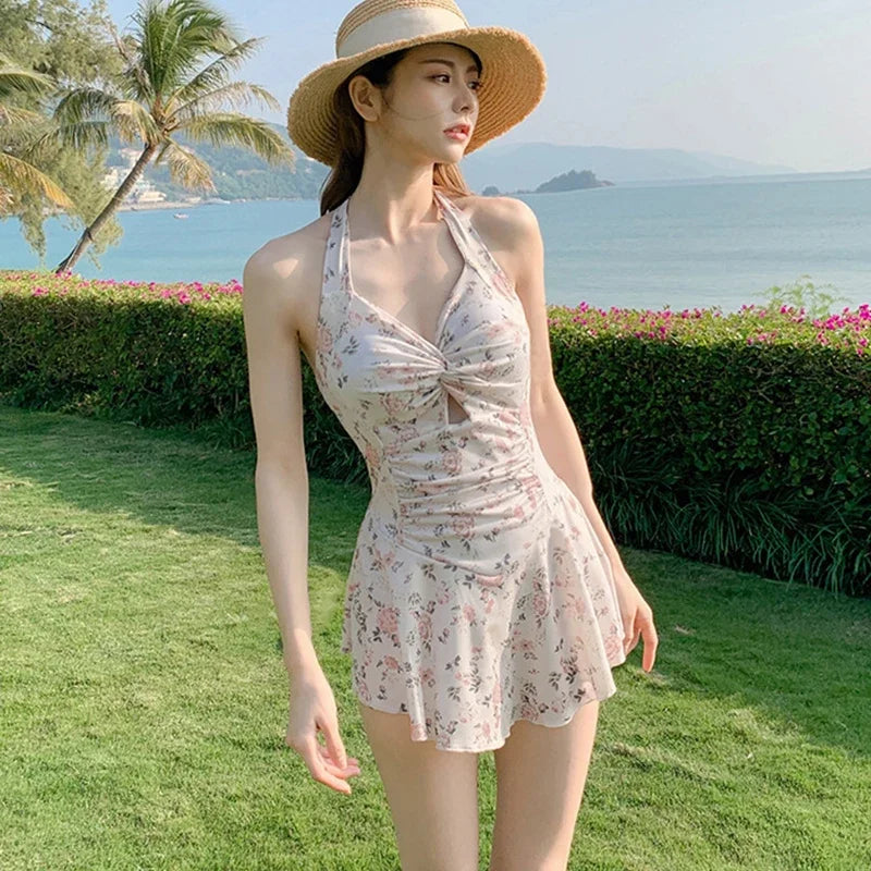 Cute Women Hanging Neck Sweet Swimwear Sexy One-piec Beach Wear Swim Suit Beach Dress Swimsuit High Waist Bathing Suit for Girls
