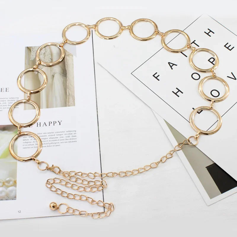 Simple Alloy Large Round Ring Waist Belt Fringes Ring Waist Chain Women Circle Metal Chain Belt Geometric Long Hollow Waistband