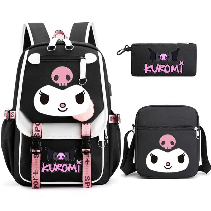 Kuromi Student Backpack 3pcs Cartoon Rucksack Girls School Bag High Capacity Women Backpack Female Cute Leisure Travel Mochilas