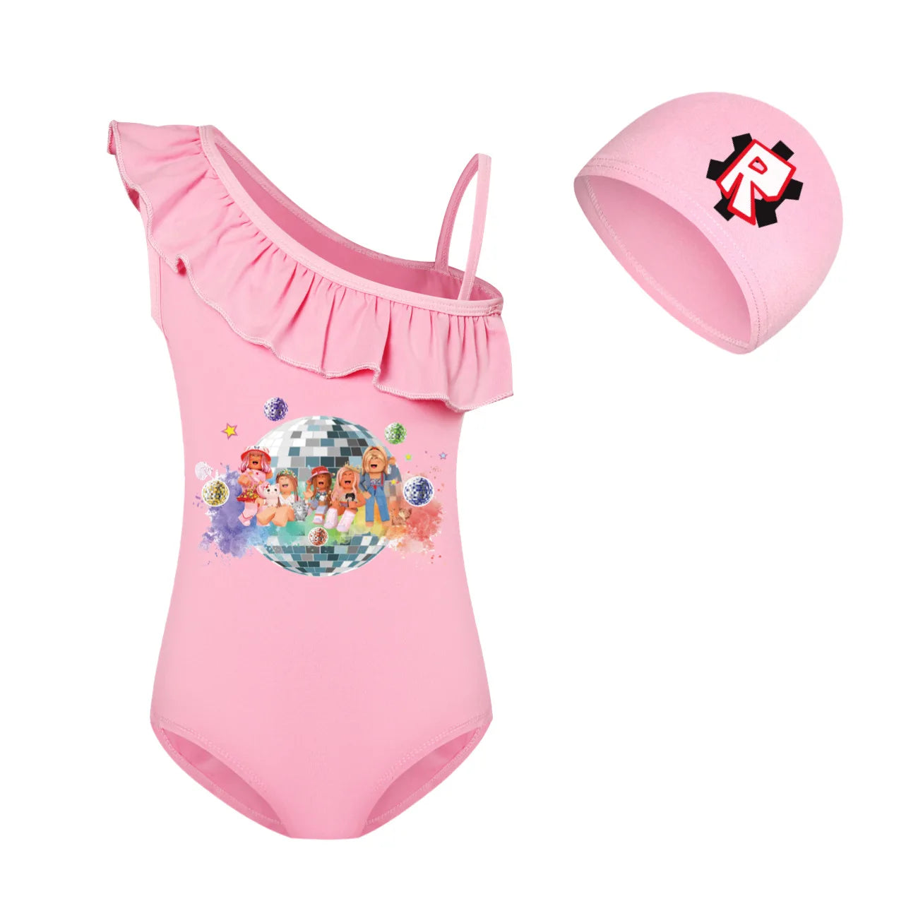 ROBLOX Kids Tie-dye Print One-piece Swimsuit for Teen Girls Pink Swimwears Bathing Suits 2-10 Years Decorative Daily Necessities