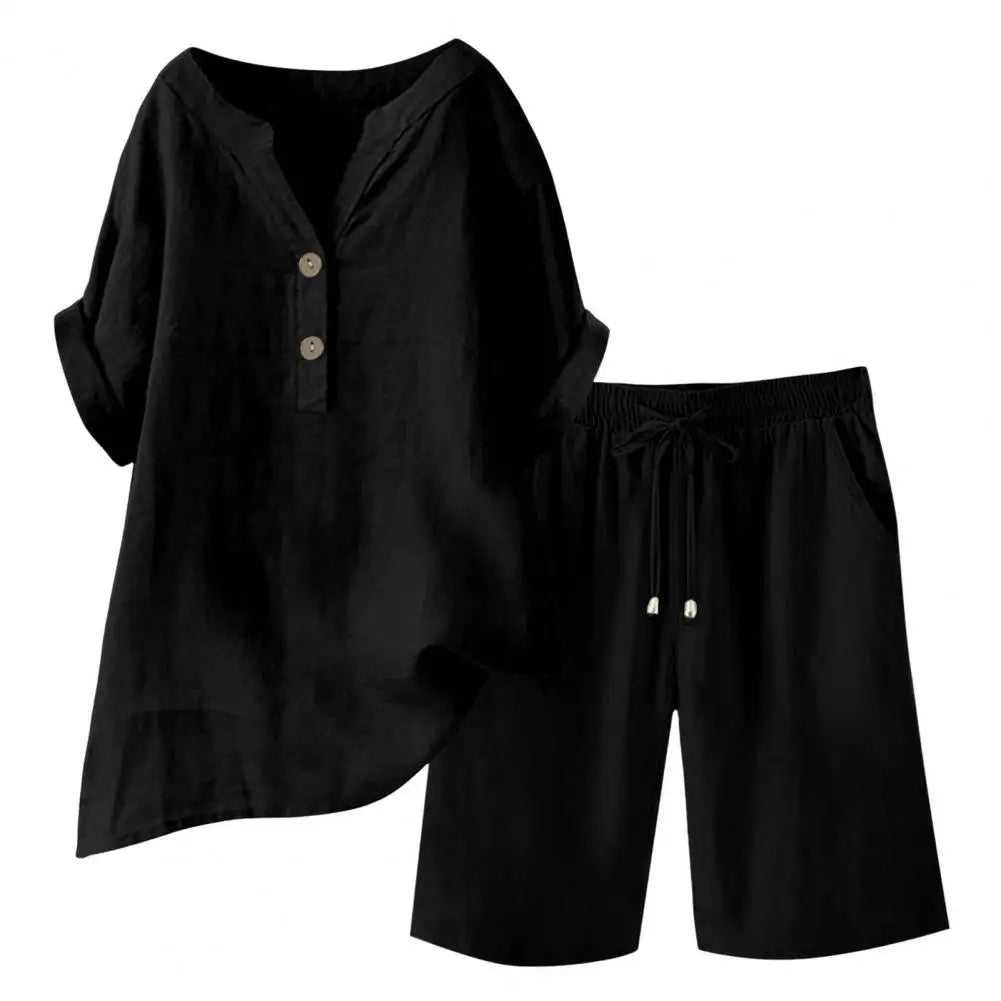Women 2-piece Set Women's Cotton Linen 2 Piece Outfits Short Sleeve V-neck Top Wide Leg Shorts Set for Summer Lounge Wear Women