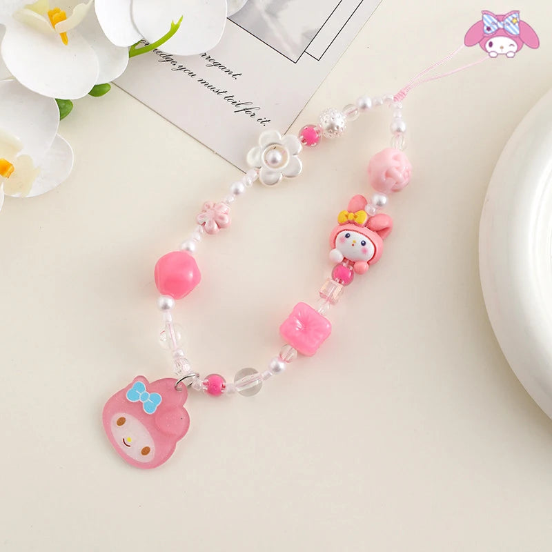 1/5piece Hello Kitty Kuromi Melody Cinnamoroll Pom Pom Purin Sanrio Cartoon Phone Rope Acrylic Hanging Rope Pendant