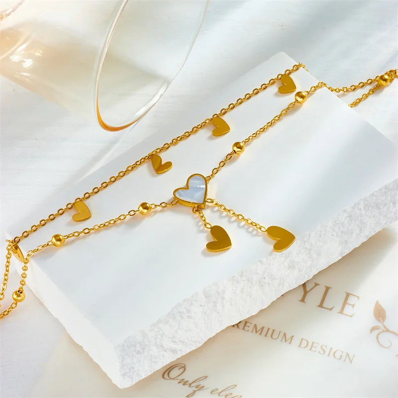 ZAKOL Stainless Steel Heart Love Anklets For Women Girl Fashion Double Layer Chains Ankle Accessories Jewelry Gift
