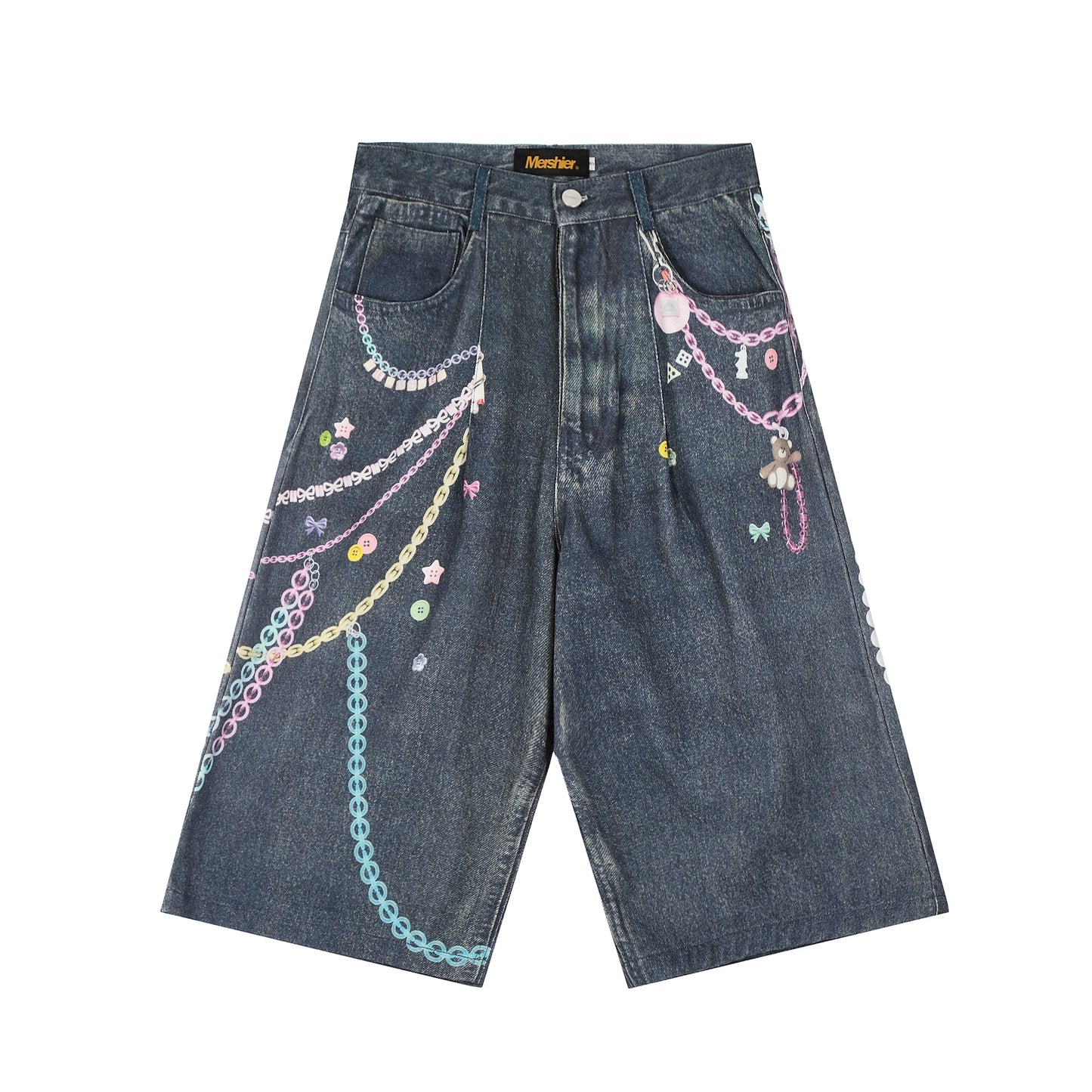 Chain Print Blue Jeans orts Men's Summer Loose Straight Leg Seven-Foot Pants Casual High Waist Corduroy Youth Faion