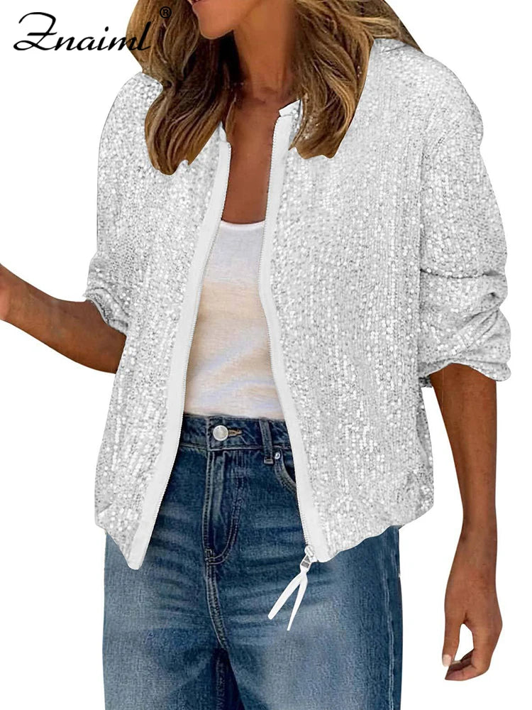 Znaiml Women Luxury Sequin Jacket Y2k Harajuku Green Color Zipper Long Sleeve Short Coat Autumn Winter Ladies Night Clubwear New