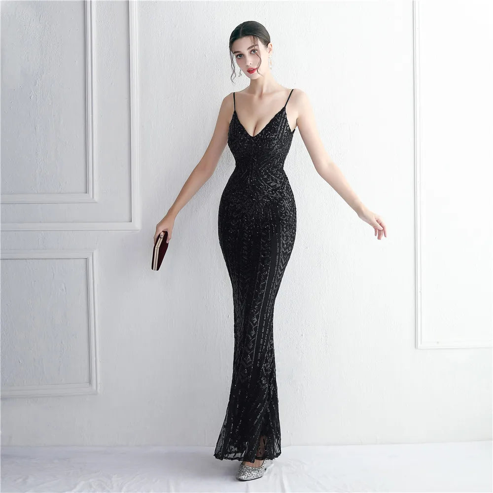 Women's Black Long Sleeve Padded Strap Sequin Dress Length, Sparkles Stretch, V Neck Mermaid, Formal Evening Dress, Night Party