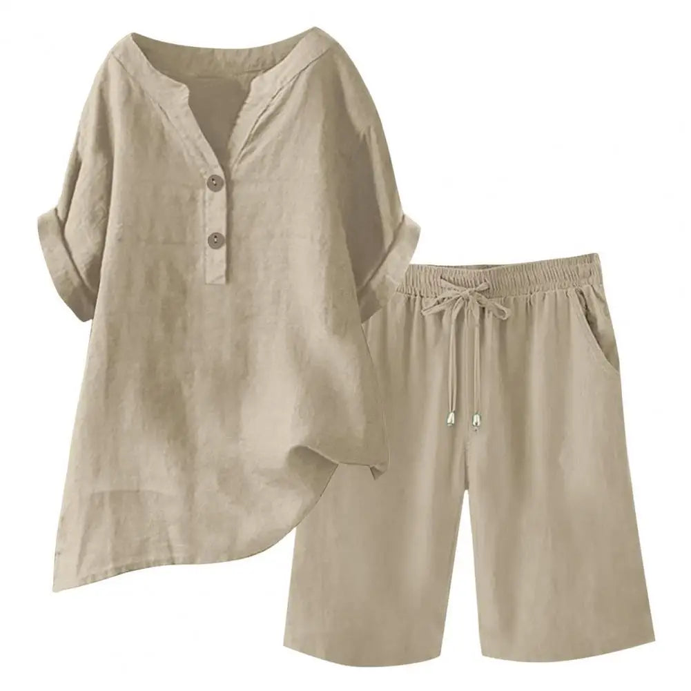 Women 2-piece Set Women's Cotton Linen 2 Piece Outfits Short Sleeve V-neck Top Wide Leg Shorts Set for Summer Lounge Wear Women