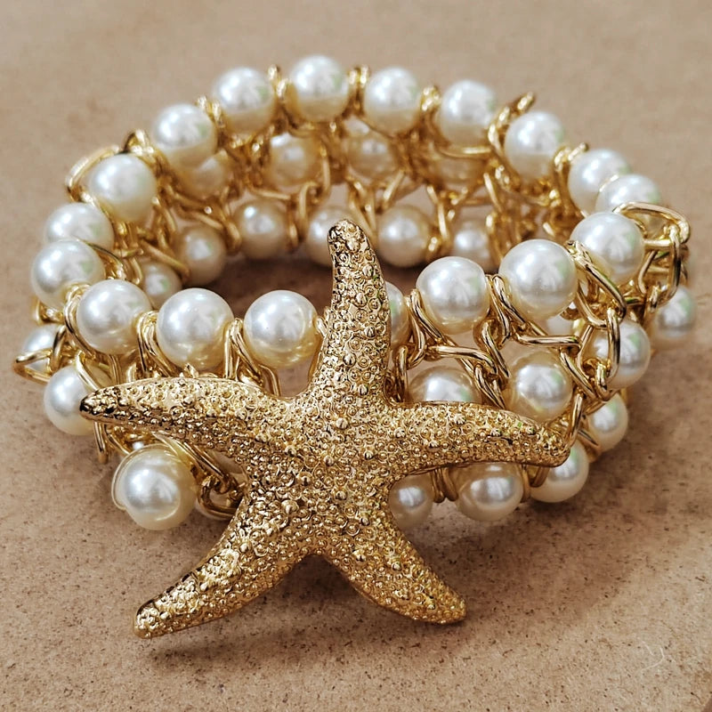 Trendy luxury Starfish Flower Elastic Pearl Bracelet Bangle Jewelry For Women Party Gift