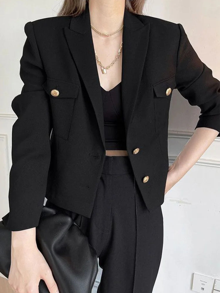 Zoki Casual Black Blazer Coats Women Fashion Slim Long Sleeve Elegant Short Jackets Fall Korean Double Buttons Office Lady Tops