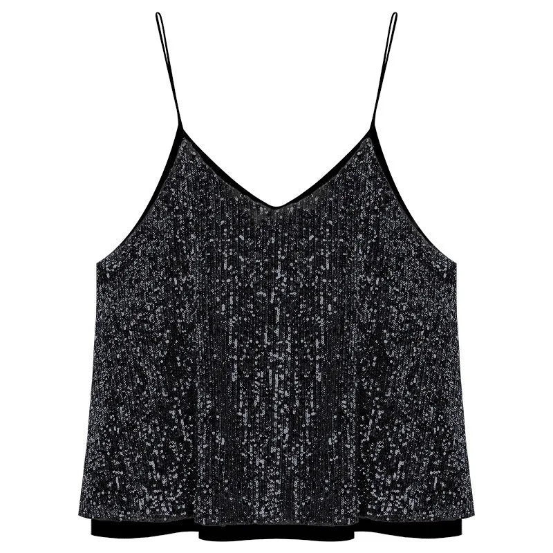 Women's Loose Casual Sequined Camisole Vest V Neck Shiny Sexy Sparkling Basic Top Fashionable Versatile Summer Top
