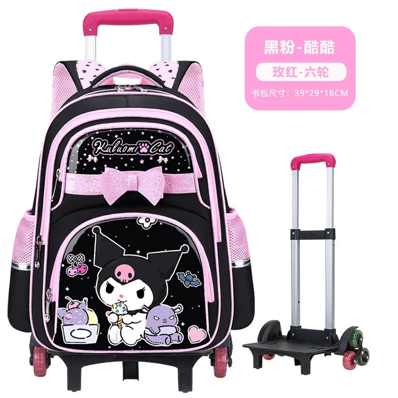 New Kuromi Trolley School Bag Melody Girls Trolley Bag Stationery Storage 2 Wheels/6 Wheels Telescopic Folding Climbing Floors
