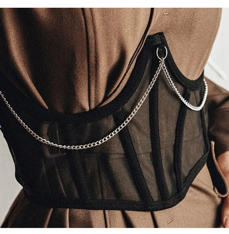 Sexy Corset Underbust Punk Metal Chain Black Women Top Curve Shaper Strap Slimming High Waist Belt Lace Bustiers