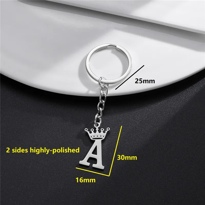 Fashion Crown A-Z Letters Pendant Keychains for Lovers Silver Color 26 Alphabet Keyring Women Car Key Ring Unique Name Jewelry