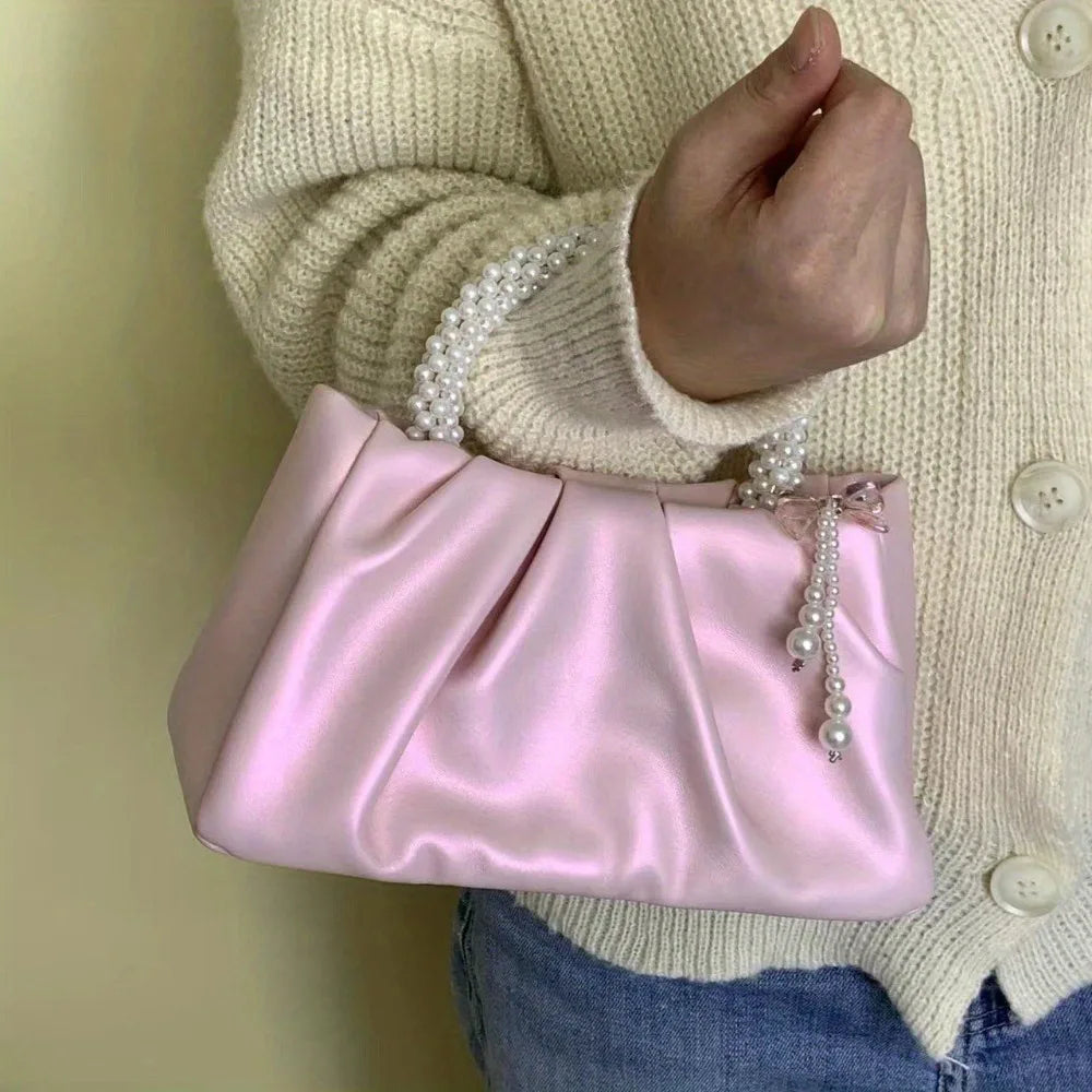 Elegant pink pleated pearl embellished clutch bag - magnetic closure, imitation leather, suitable for weddings and parties
