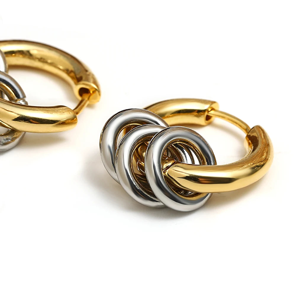 Greatera Two Tone Ring Huggie Earrings for Women Gold Plated Metal Geometric Round Circle Hoop Earrings Minimalist Jewelry