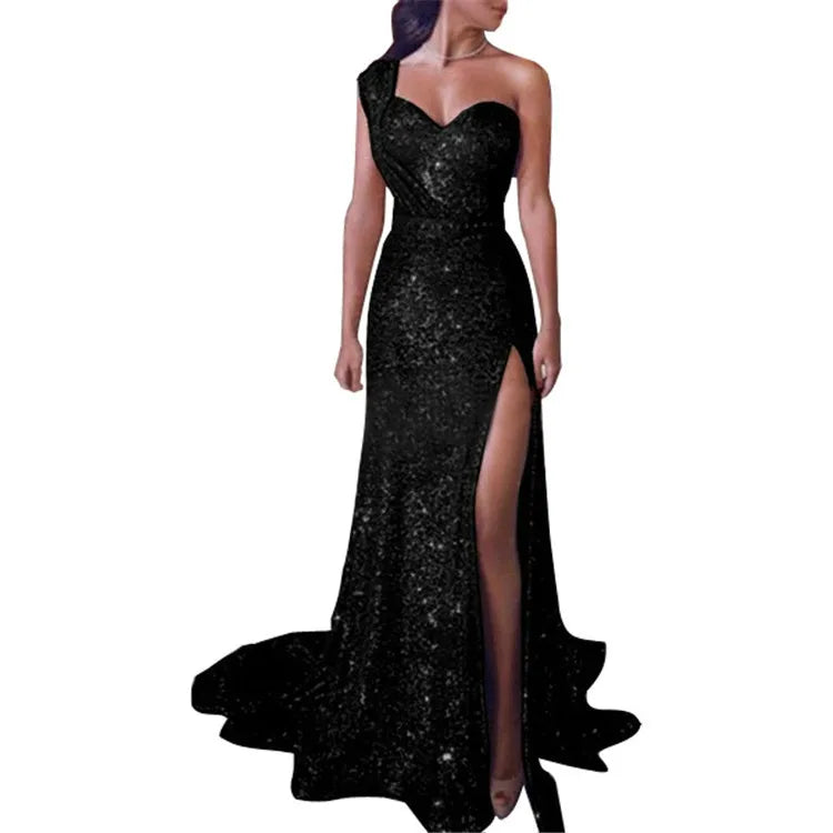 Wedding Party Dress Female Evening Elegant Sexy Deep V Neck One Shoulder Sleeveless Sequined Long Maxi Dresses For Women 2023