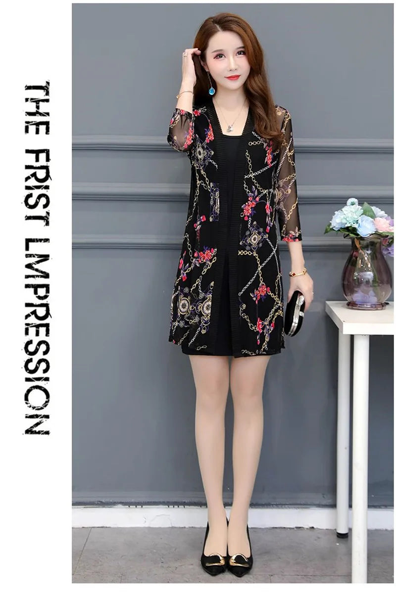 2024 Female Mid Length Large Size Sun Protection Cardigan Tops Coat Women Summer Gauze Lace Print Thin Sun Sunscreen Jacket 5XL