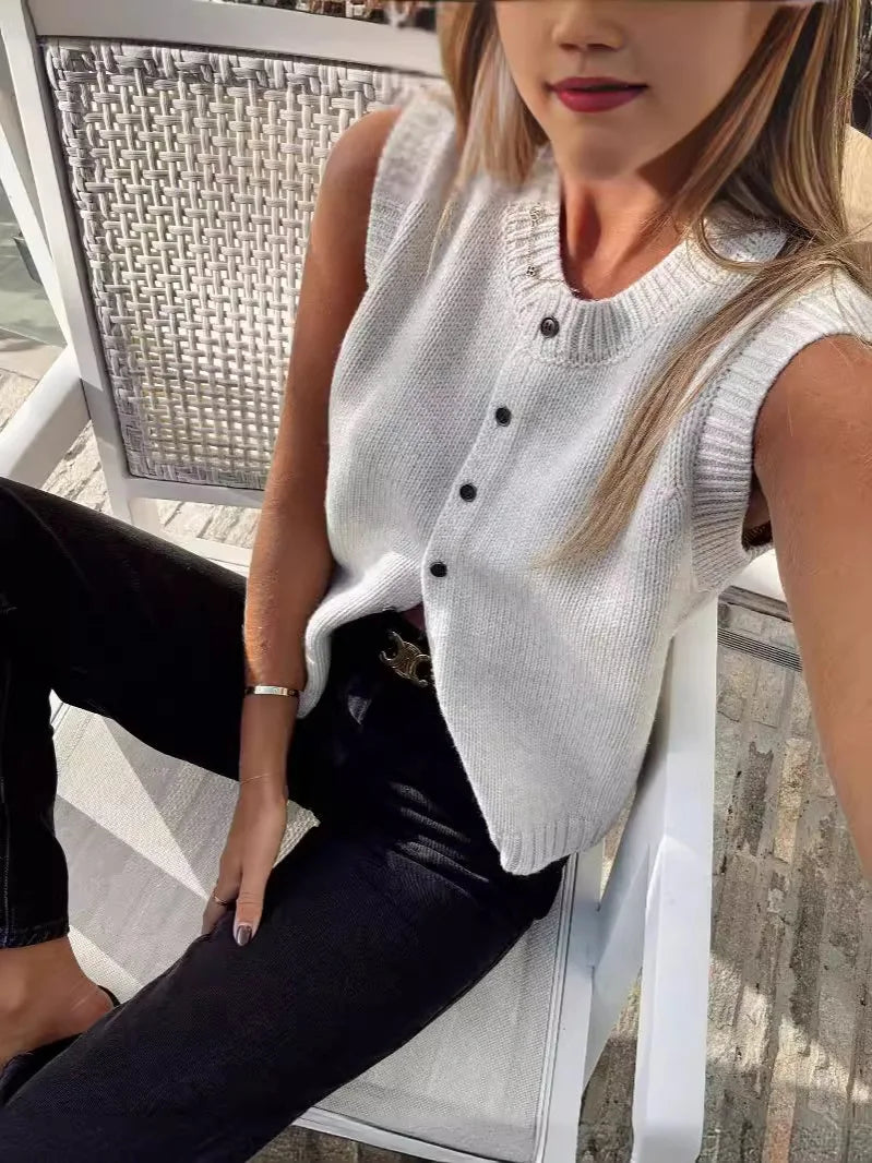 2025 Autumn Fashion Knitted Vests Top For Women Casual Single-Breasted Knitwear Cardigan Tanks Female Solid Sleeveless Sweaters