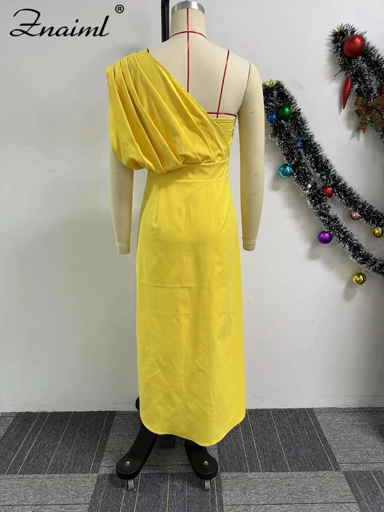 Znaiml Elegant Yellow Wedding Party Dresses Women One Shoulder Sleeveless Ruched Split Bodycon Evening Prom Birthday Gown Robe