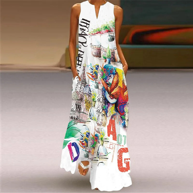 Summer Sexy Maxi Dresses Women Sleeveless V-Neck Robe Party 2025 Retro Loose Beach Vestidos Y2k S-5XL