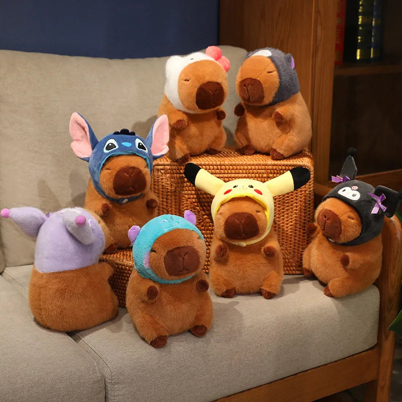 Capibara Plushies Doll Disney Stitch Pikachu Kuromi Lucifer Cat Hat Capybara Plush Toy Cartoon Stuffed Animal Doll Xmas Gifts