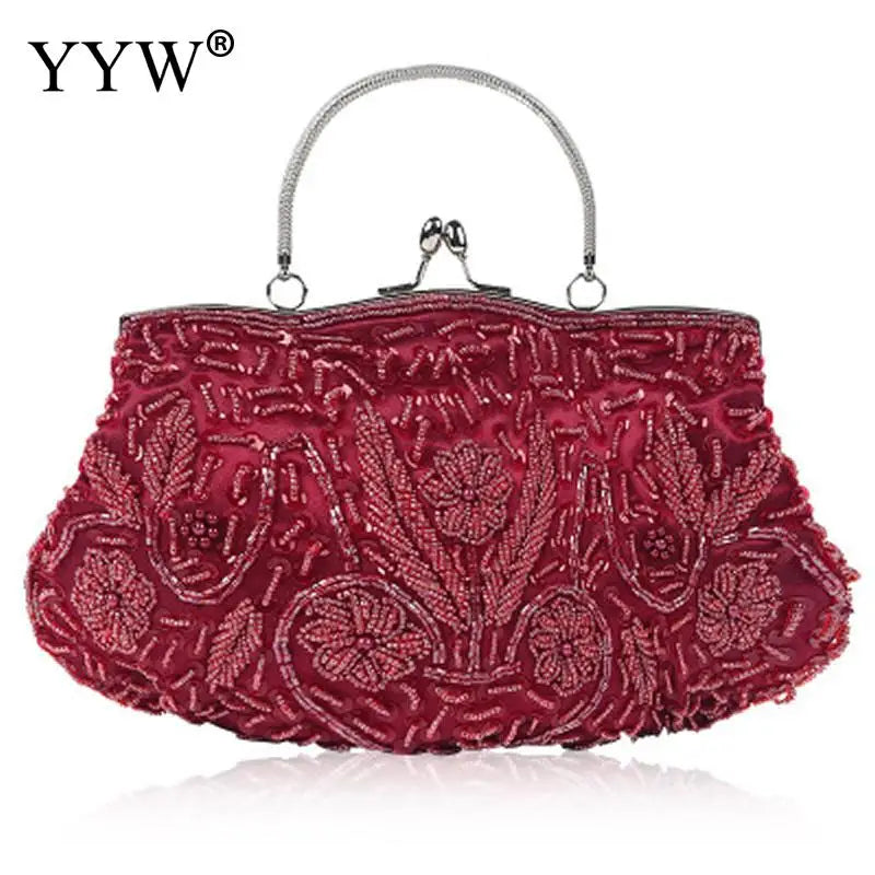 Crystal Beaded Evening Party Clutch Handbag Women Floral Printing Soft Tote Bags Metal Top Handle Wedding Brides Messenger Purse