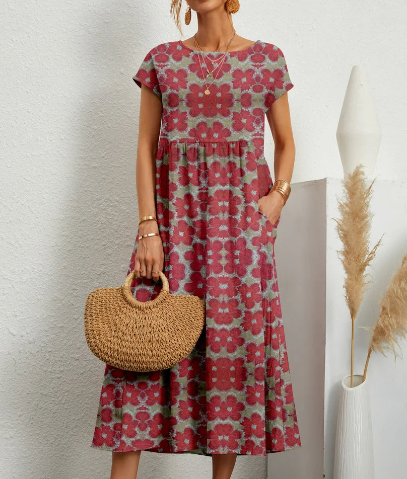 Fashion Women's Cotton and Linen Dress, Round Neck Printed Short Sleeved A-line Maxi Skirt, Unique Floral Long Dresses Vestidos