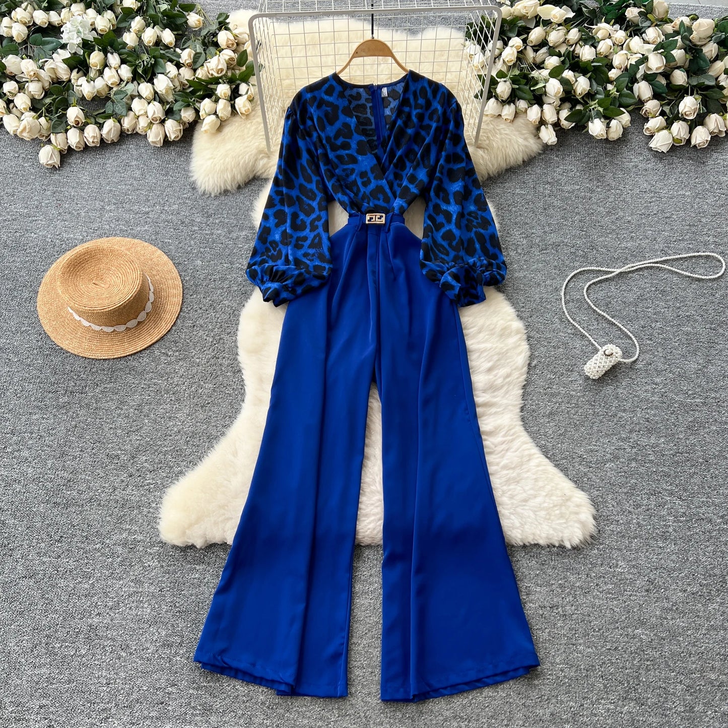 SINGREINY Autumn Leopard Long Jumpsuits V Neck Long Sleeves Belt Wide Legs Pants Women American Retro Senior Office Lady Rompers