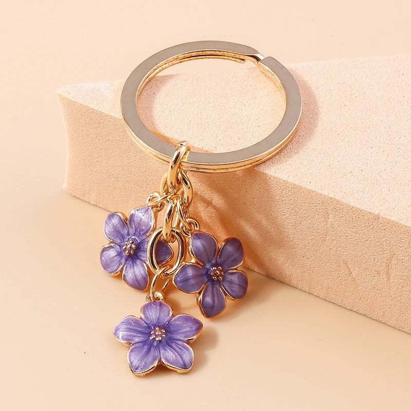 Cute Enamel Keychain Colorful Sakura Flower Key Ring Sweet Key Chains for Women Girls Handbag Accessories DIY Jewelry Gifts