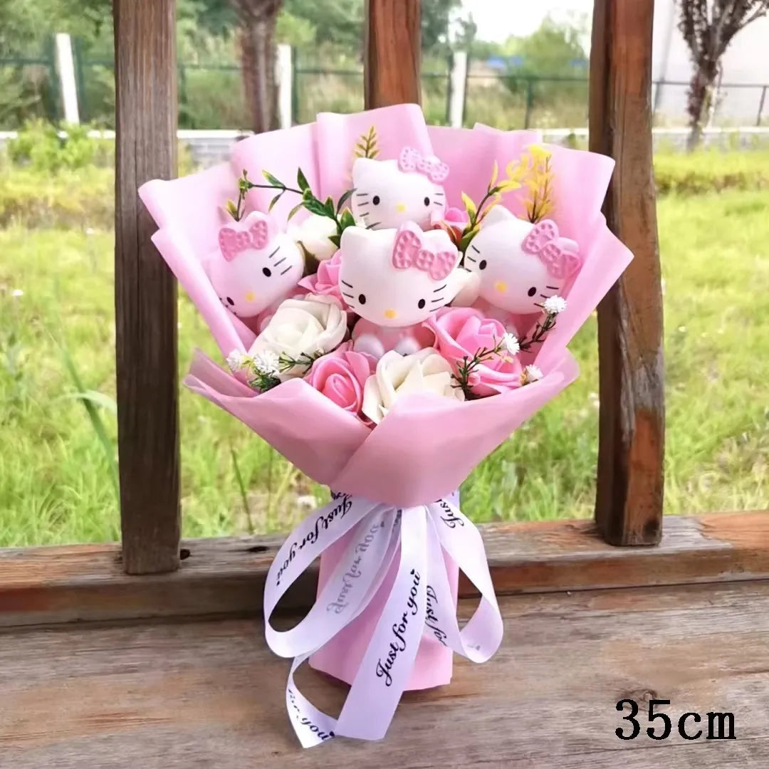 Hello Kitty Cartoon Plush Bouquet Anime Rose Soap Flowers Doll Home Wedding Decoration Christmas Valentine's Day Gift