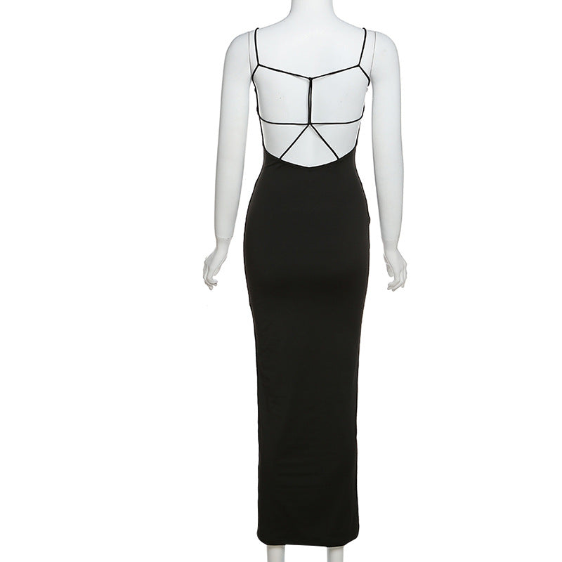 Combhasaki Womens Solid Color Thin Spaghetti Straps Backless Round Cutout Hole Slim Fit Suspender Party Club Slim Fit Long Dress