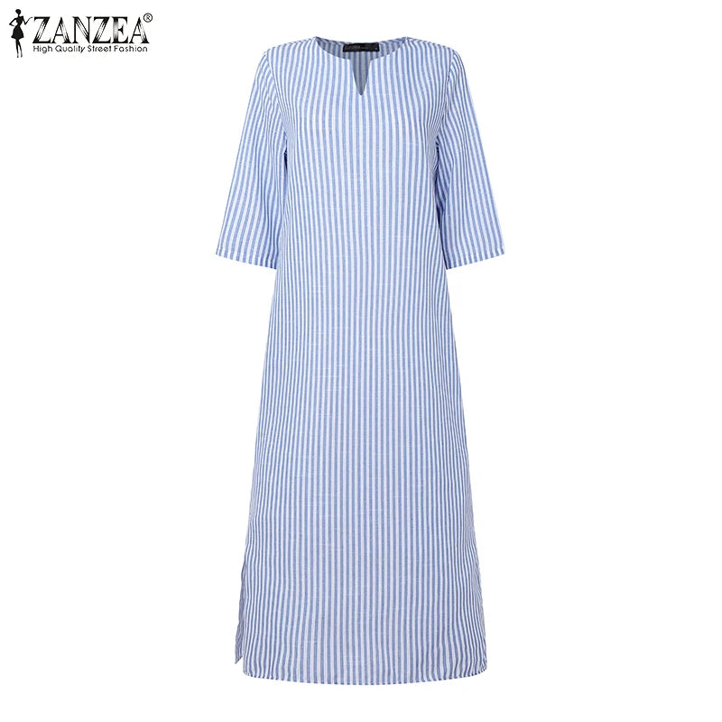 2025 Autumn Striped Dresses ZANZEA Fashion Women V Neck Long Sleeve Work Dress Elegant Office OL Sundress Maxi Long Vestido Robe