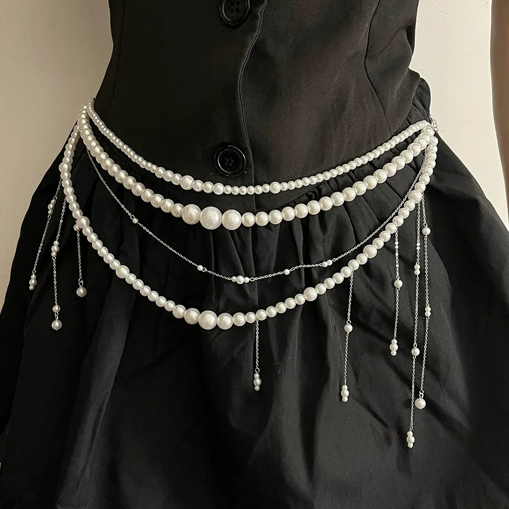 Y2K Designer belt Jewelry Multilayer Pearl waist chain for Women's Fashion Retro Character Playing Body Accessories Party Belts