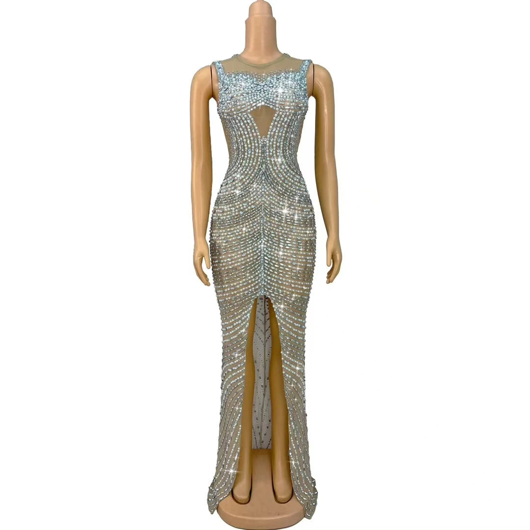 Shuanggouqun Sleeveless Tight Sexy Full Diamond Pearl Split Long Dresses Women Birthday Party Dinner Bar DJ Performance Costume