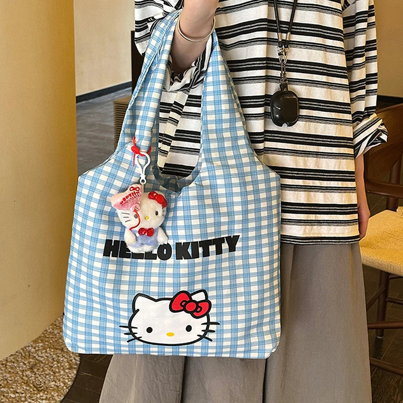 Cartoon Sanrio Hello Kitty Plaid Handbag Commuting Light Portable Summer Storage Shoulder Handbag High Capacity