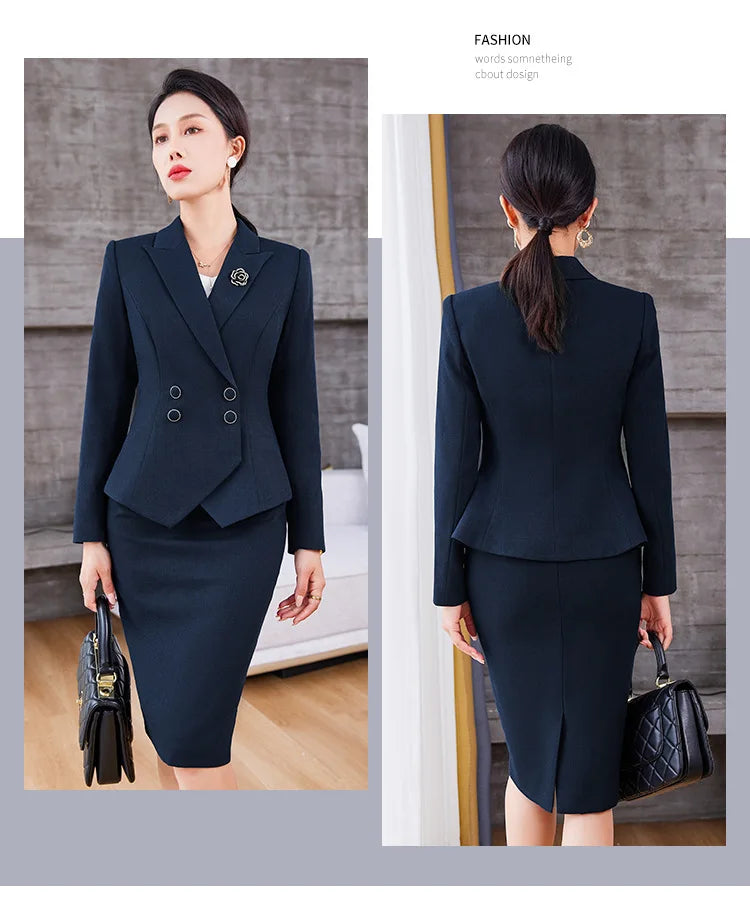 Navy Blue Suits Women 2023 New Spring Autumn Professional Long Sleeve Slim Blazer And Skirt Sets Office Ladies Work Wear Orange