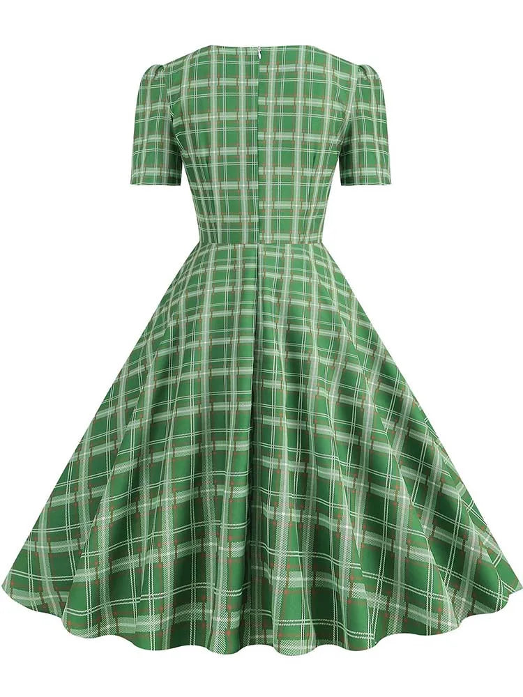 Green Plaid Swing Party Dresses Women Elegant Vintage Square Collar Short Sleeve Casual Summer Dress