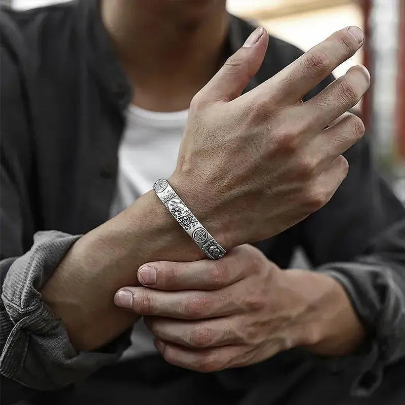 Thai Silver Tune-bringing Pixiu Copper Coin Men Bracelet Domineering Men Personality Heart Sutra Hand Ring Birthday Gift Jewelry