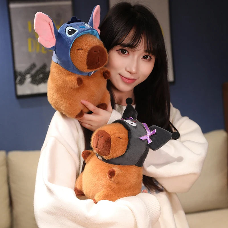 Capibara Plushies Doll Disney Stitch Pikachu Kuromi Lucifer Cat Hat Capybara Plush Toy Cartoon Stuffed Animal Doll Xmas Gifts