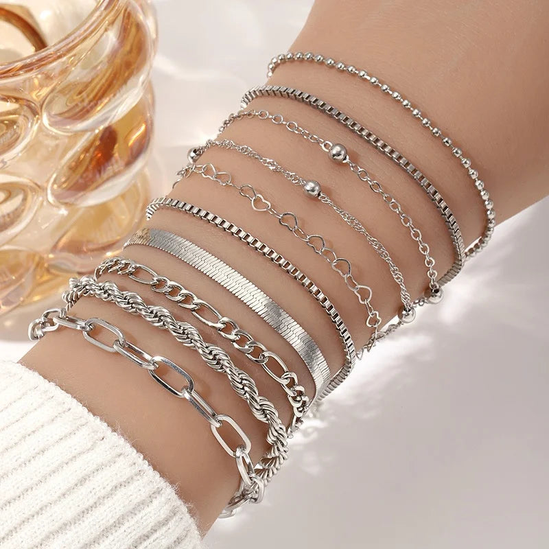 5-piece Bracelet Set, Women's Alloy Round Bead Heart Chain, Minimalist Box Chain Bracelet
