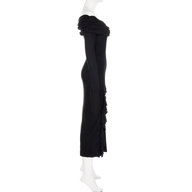 SUCHCUTE Elegant Off Shoulder Ruffles Split Long Dress Black Fashion Long Sleeve Party Dresses Women Beach Vacation Outfits 2024