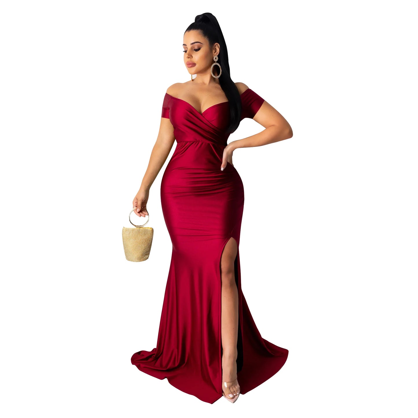 2024Sold Maxi Elegant Luxury Designer Party Dresses Women Off Shoulder Evening Dress Mermaid V-Neck Pleated Backless Long Dress
