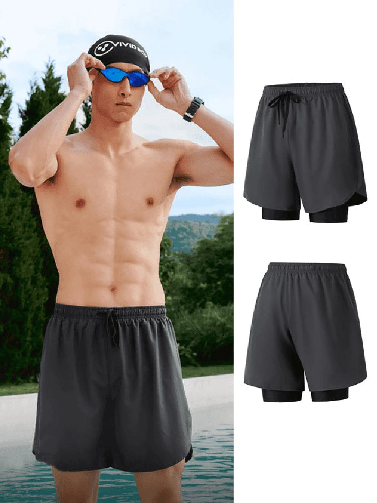 Men Swim Trunks Double-Layer Comfort Compression Liner Swim Shorts Quick Dry Beach Pants 7"