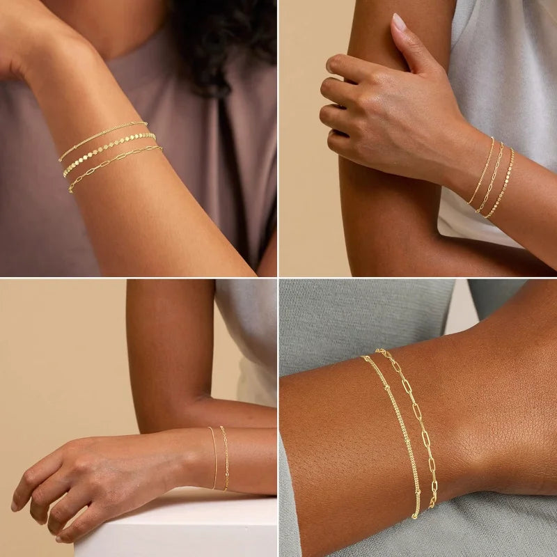 14K Dainty Gold Plated Stackable Bracelets for Women Trendy Chain Bracelets Paperclip Adjustable Tennis Cute Jewelry